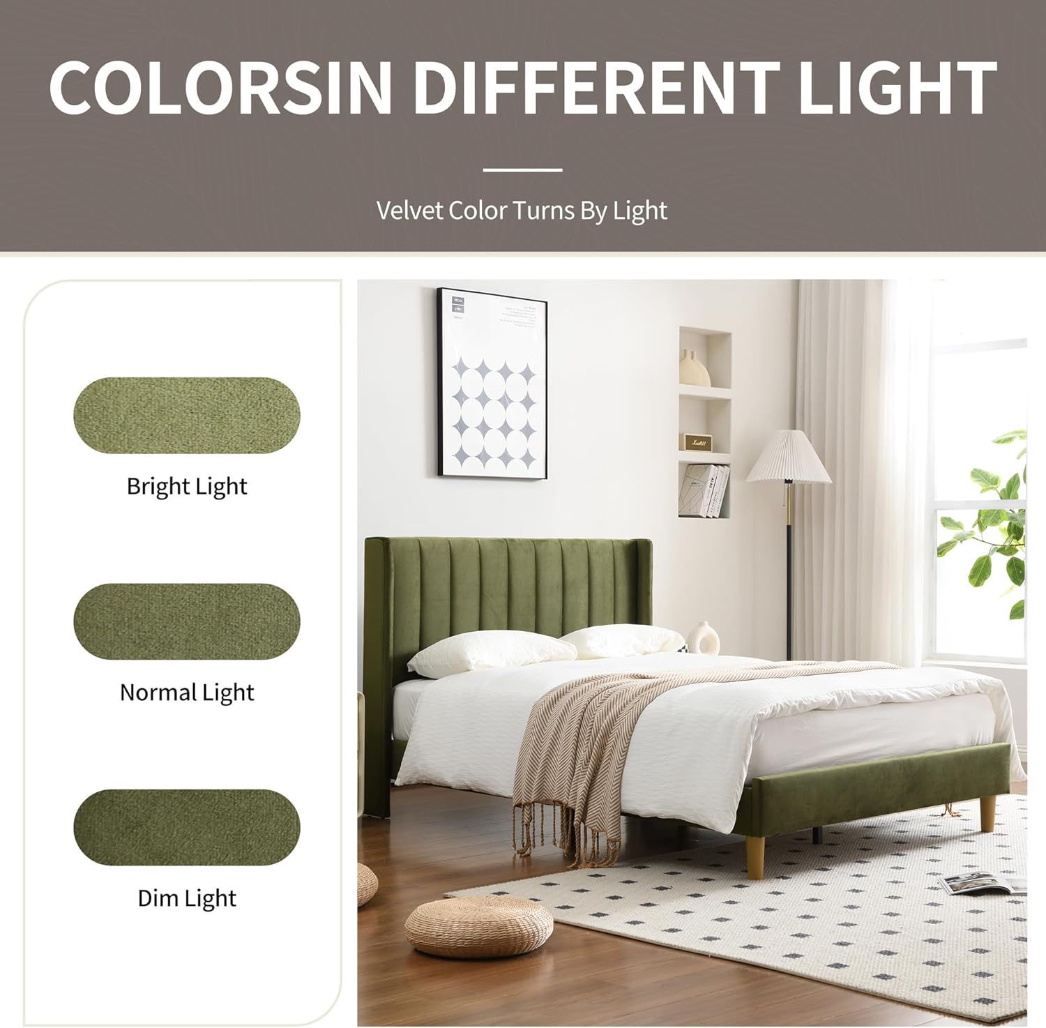 YUHUASHI upholstered Platform Bed Frame/Full Bed Frame/Modern Geometric Double-Wing Design headboard/Velvet Fabric/Easy to Assemble no Noise (Grass Green, Full)