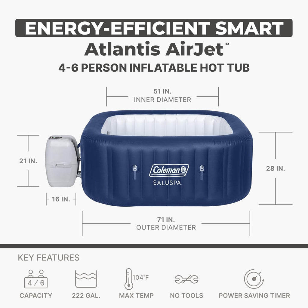 Coleman SaluSpa Atlantis AirJet Inflatable Hot Tub  4 to 6 Person Square Portable Outdoor Spa with 140 Air Jets  App Control and EnergySense Insulated Cover  71" x 28"