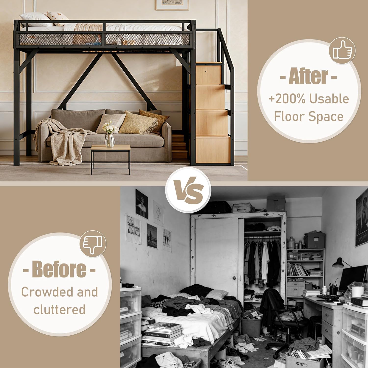 Bellemave Queen Loft Bed Frame with Storage Stairs, Beside Shelf & Wardrobe, Metal Queen Size Loft Bed with USB Ports&LED Light, Large Under-Bed Space Loft Beds for Adults,Teens, Kids, Black Natural
