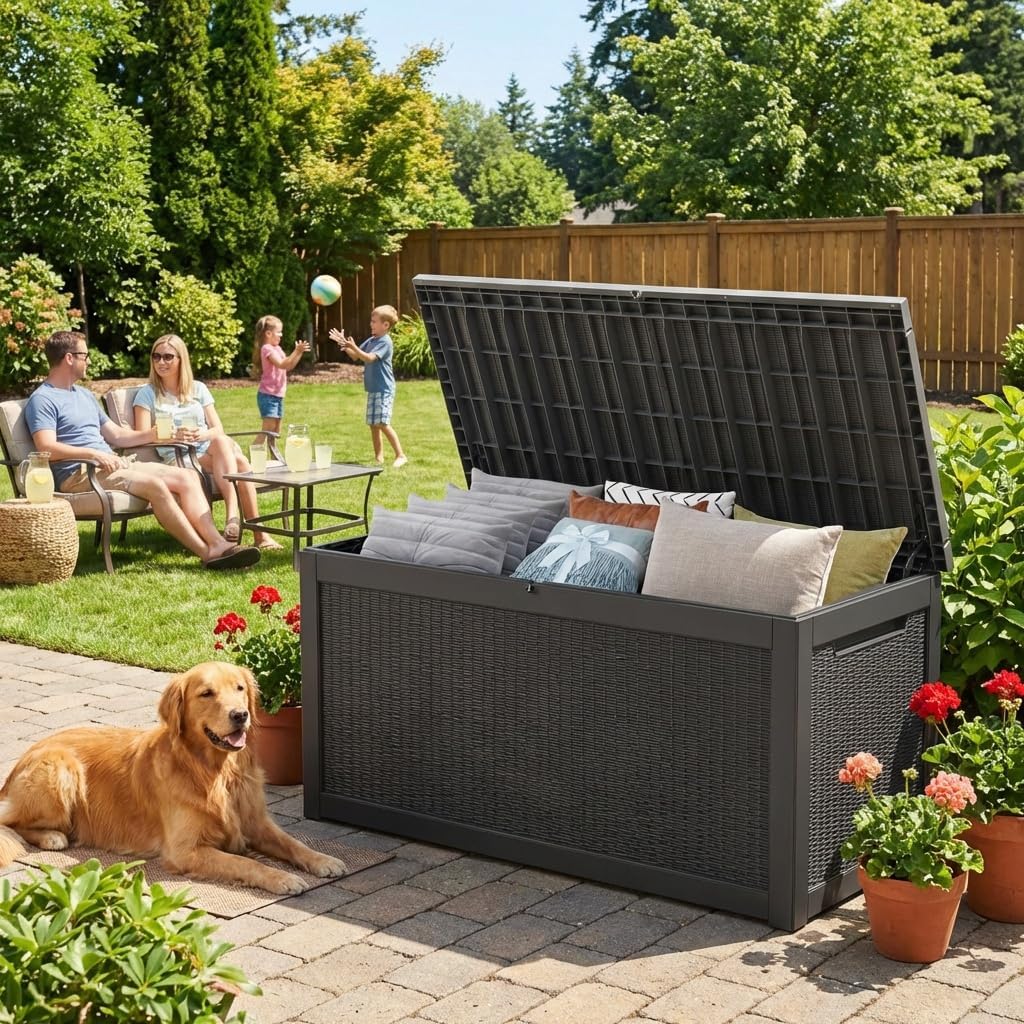 Outdoor Storage Box Waterproof  320 Gallon Large Lockable Deck Box  Patio Storage Bin Bench for Pool Accessories Cushion Furniture  Garden Tools  UV-Resistant Outside Delivery Black