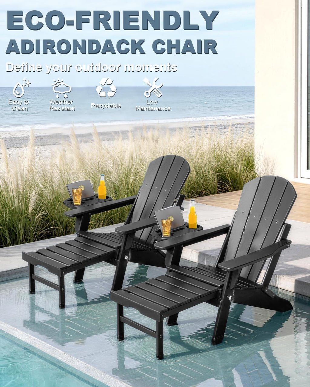 Adjustable Adirondack Chair with Retractable Ottoman Set of 2  HDPE Folding Adirondack Chair with Cup Holder  All Weather Fire Pit Chair for Outdoor.