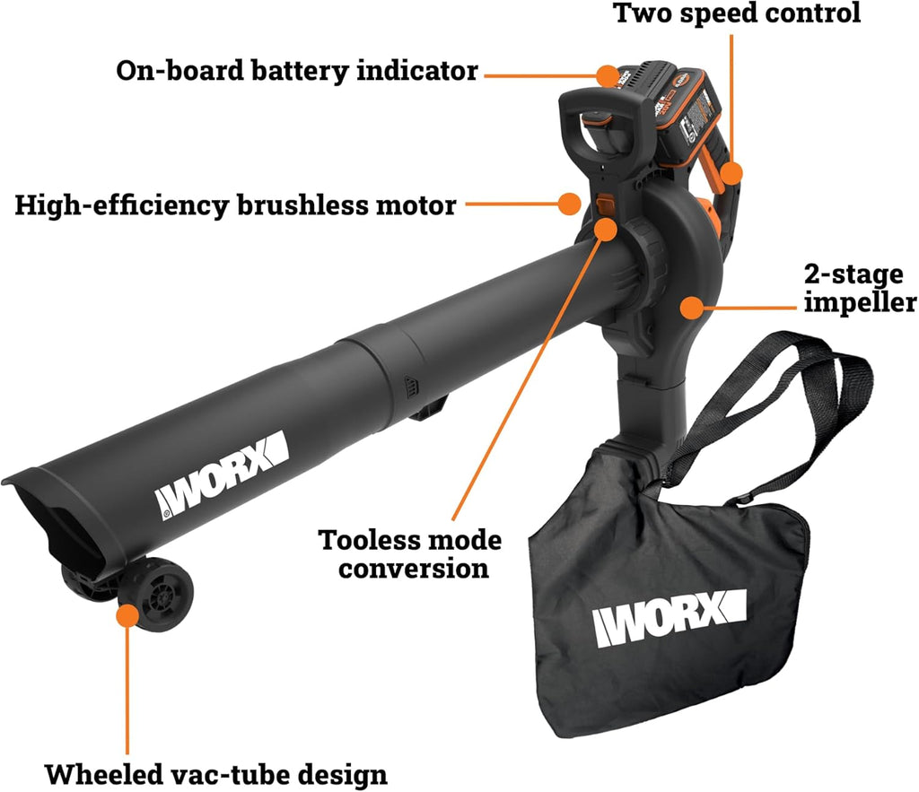 WORX Cordless Leaf Blower  3 in 1 Blowers for Lawn Care with Leaf Vacuum & Leaf Mulcher  Electric Blower with Brushless Motor & 2 Speed Control  2 × 4.0 Ah Batteries & Charger Included  WG583