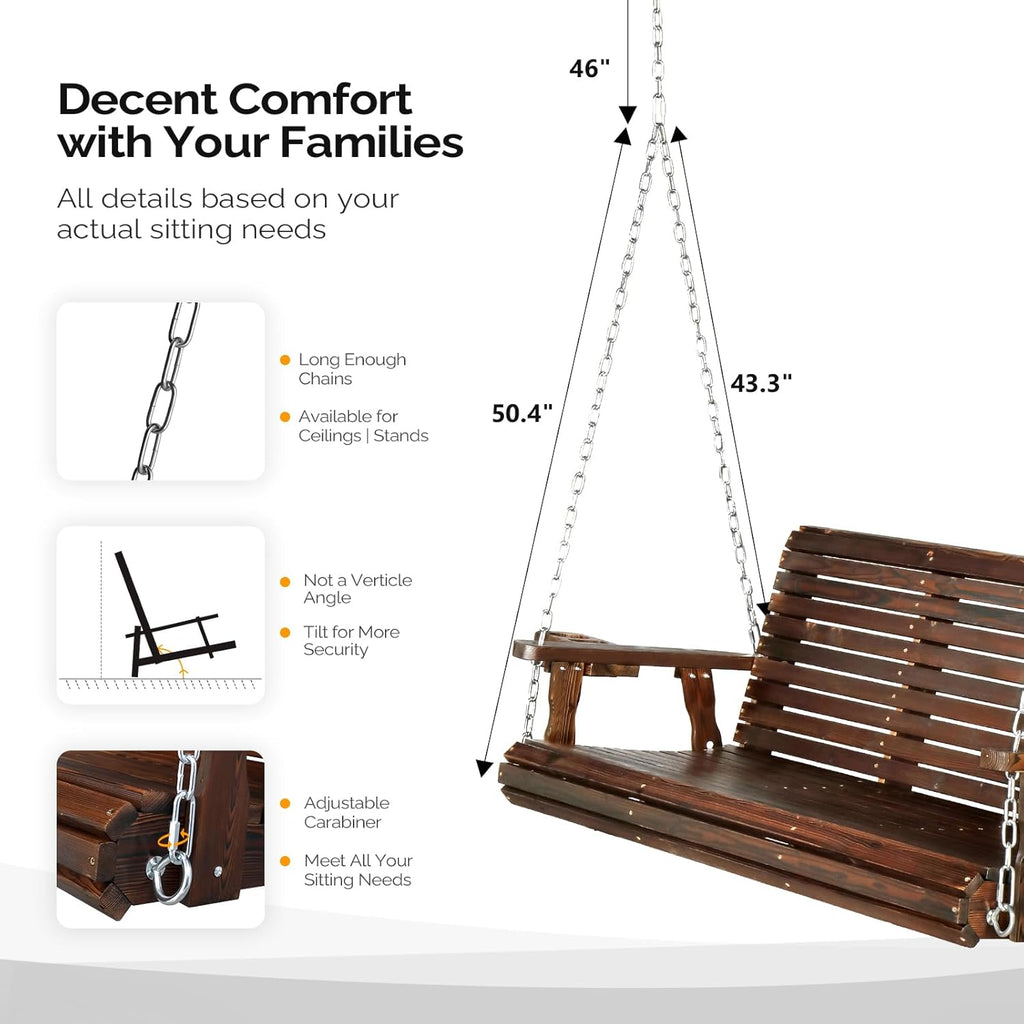 VINGLI XL Size Patio Wooden Porch Swing Outdoor with Cup Holders & Phone Slots  Heavy Duty 880 LBS Hanging Swing Chair Bench with Hanging Chains for Yard  Lawn  Garden (5 FT Pro  Rustic)