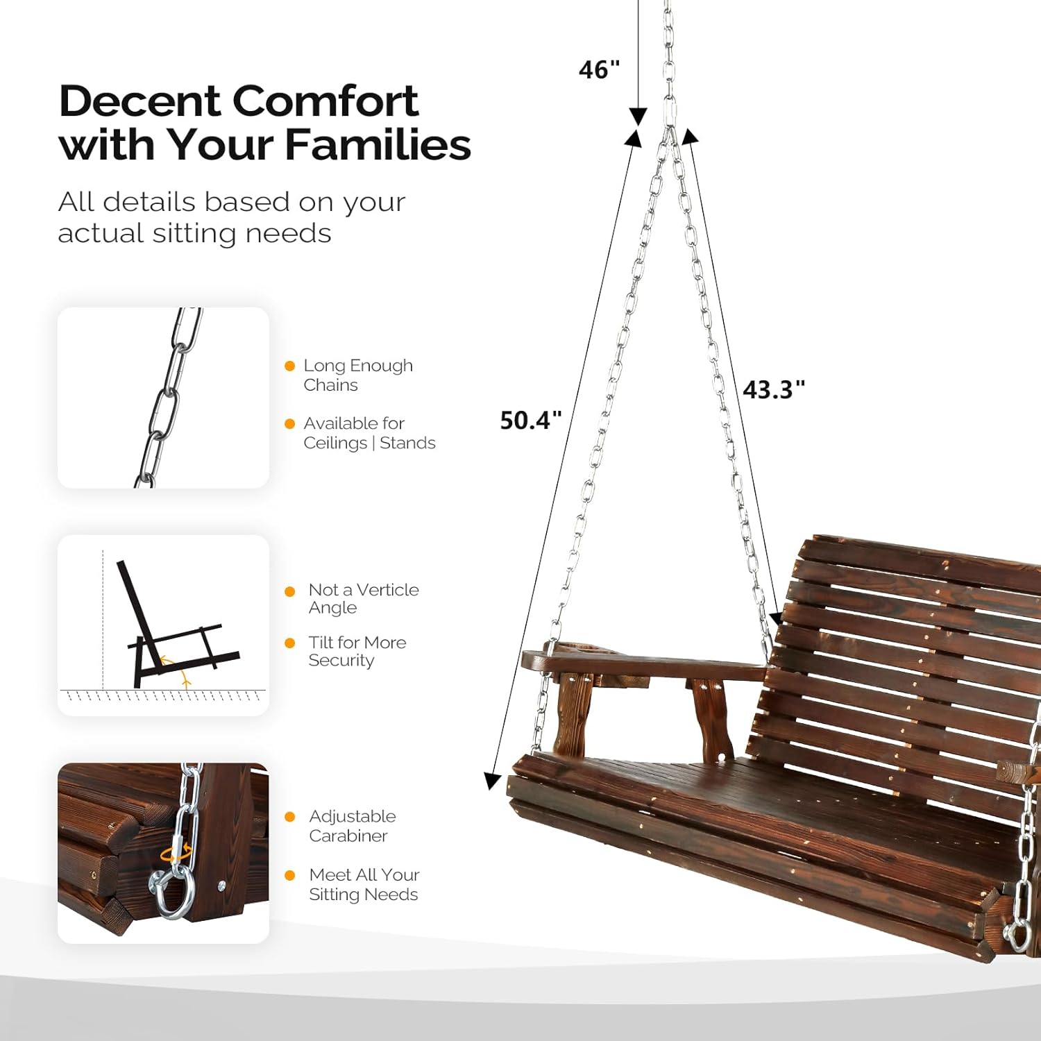 VINGLI XL Size Patio Wooden Porch Swing Outdoor with Cup Holders & Phone Slots  Heavy Duty 880 LBS Hanging Swing Chair Bench with Hanging Chains for Yard  Lawn  Garden (5 FT Pro  Rustic)