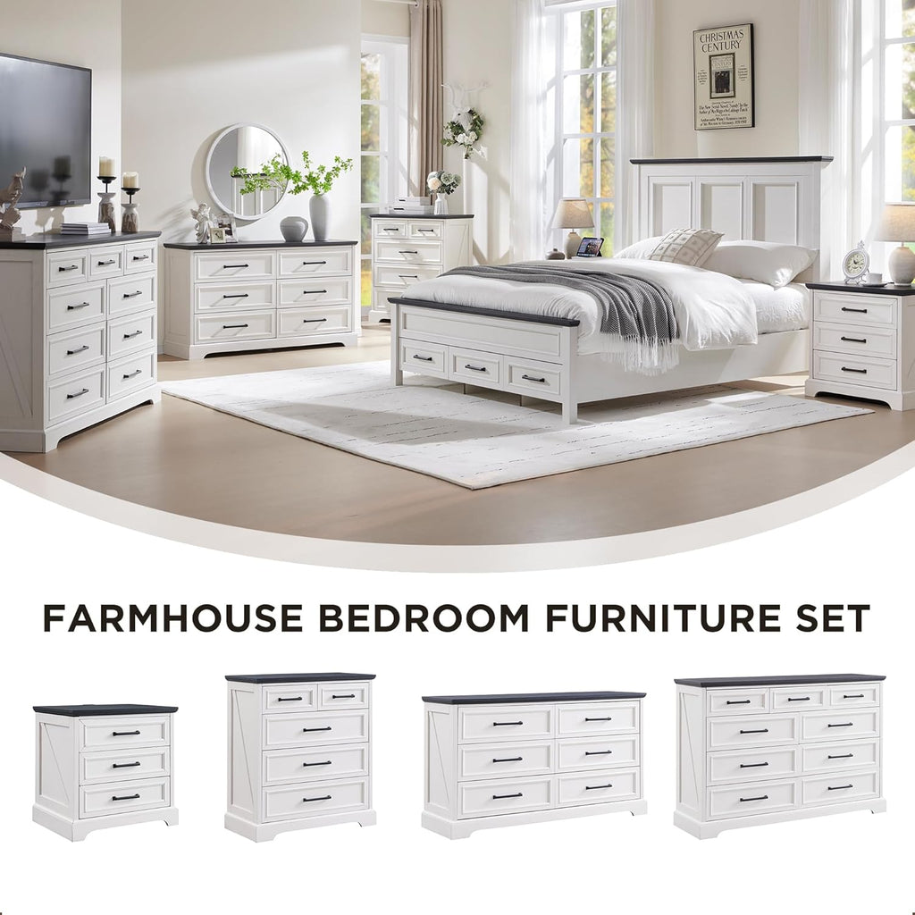 ACCOHOHO Farmhouse 9 Drawer Dresser for Bedroom, 36 Inch Tall Modern Dresser TV Stand with Large Drawers & Bar Handles, Rustic Wood Chest of Drawers for Bedroom, Living Room, Hallway, Off White