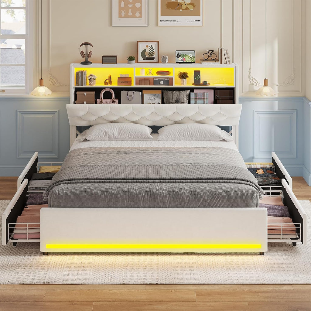 Queen Bed Frame with Bookcase Headboard,LED Bed Frame with 4 Storage Drawers,Power Outlet, Modern Velvet Upholstered Platform Bed with 5 Shelf, No Box Spring Needed, Creamy White