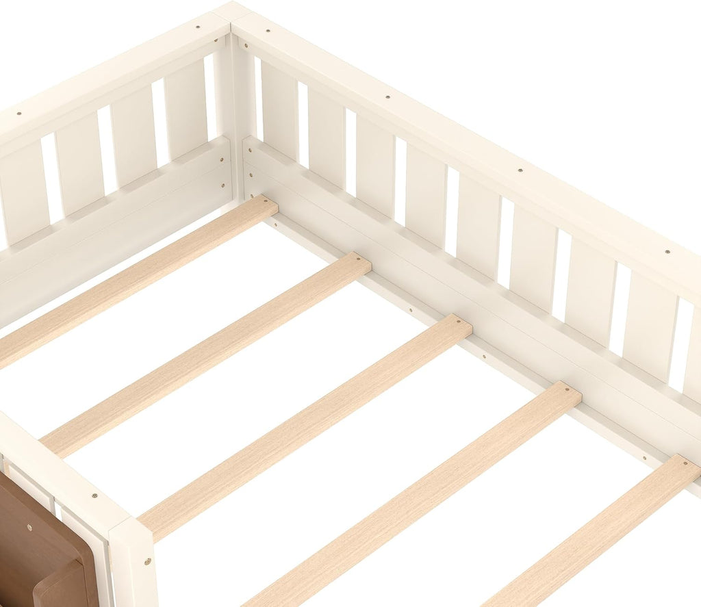 Bellemave Twin Floor Bed with Slats and Safety Guardrail, Twin Size Montessori Floor Bed with Fence and Built-in Bookshelf, Easy Assemble Montessori Beds for Kids, Girls, Boys, Beige