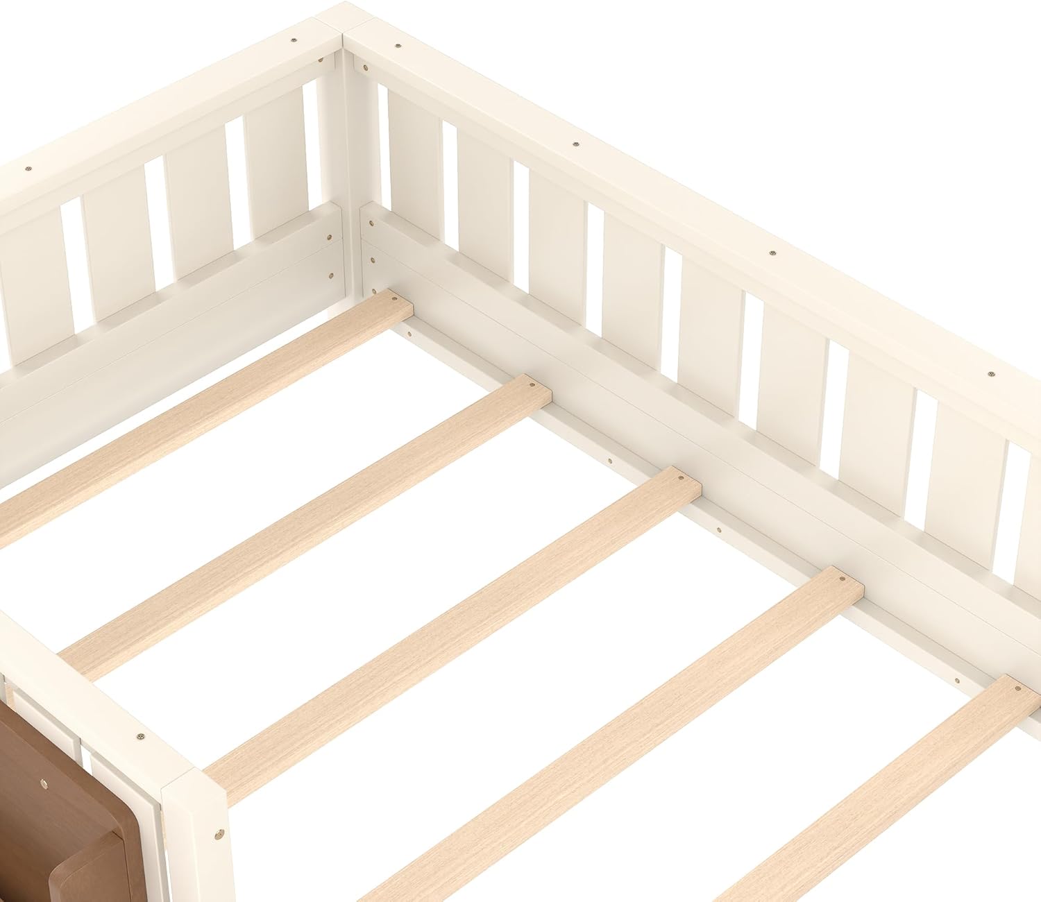 Bellemave Twin Floor Bed with Slats and Safety Guardrail, Twin Size Montessori Floor Bed with Fence and Built-in Bookshelf, Easy Assemble Montessori Beds for Kids, Girls, Boys, Beige