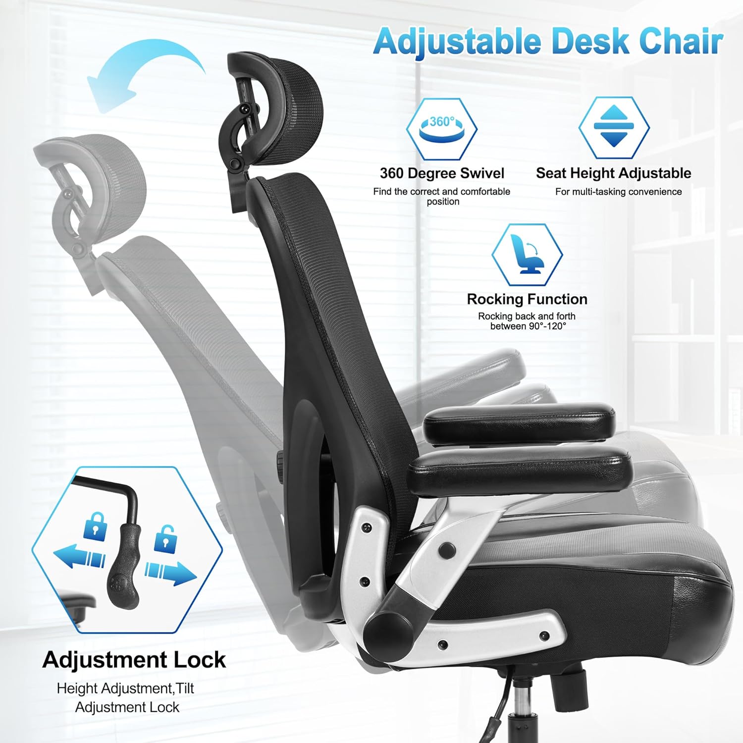 Super Big and Tall Office Chair 700lbs, Heavy Duty Executive Computer Chair with Rubber Wheels 3D Flip Arms, Ergonomic Mesh High Back Desk Chair, Extra Wide Seat Adjustable Lumbar Support and Headrest