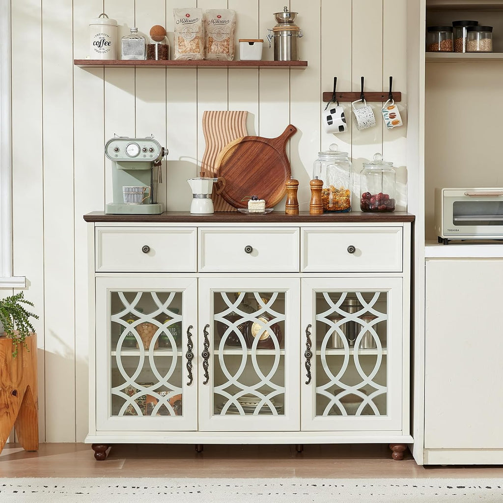 Farmhouse Sideboard Buffet Cabinet with Storage,48" Large Credenza with 3 Glass Doors & 3 Drawers,Adjustable Shelves Console Table,Wood Kitchen Coffee Bar for Dining Room,Living Room,White