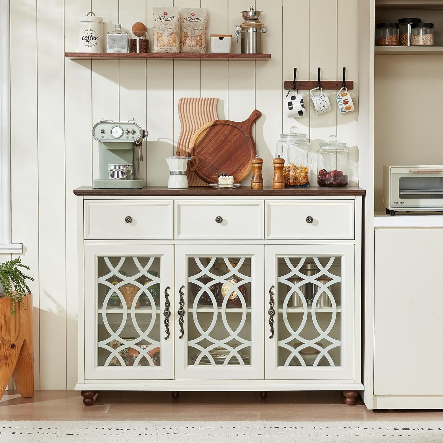 Farmhouse Sideboard Buffet Cabinet with Storage,48" Large Credenza with 3 Glass Doors & 3 Drawers,Adjustable Shelves Console Table,Wood Kitchen Coffee Bar for Dining Room,Living Room,White