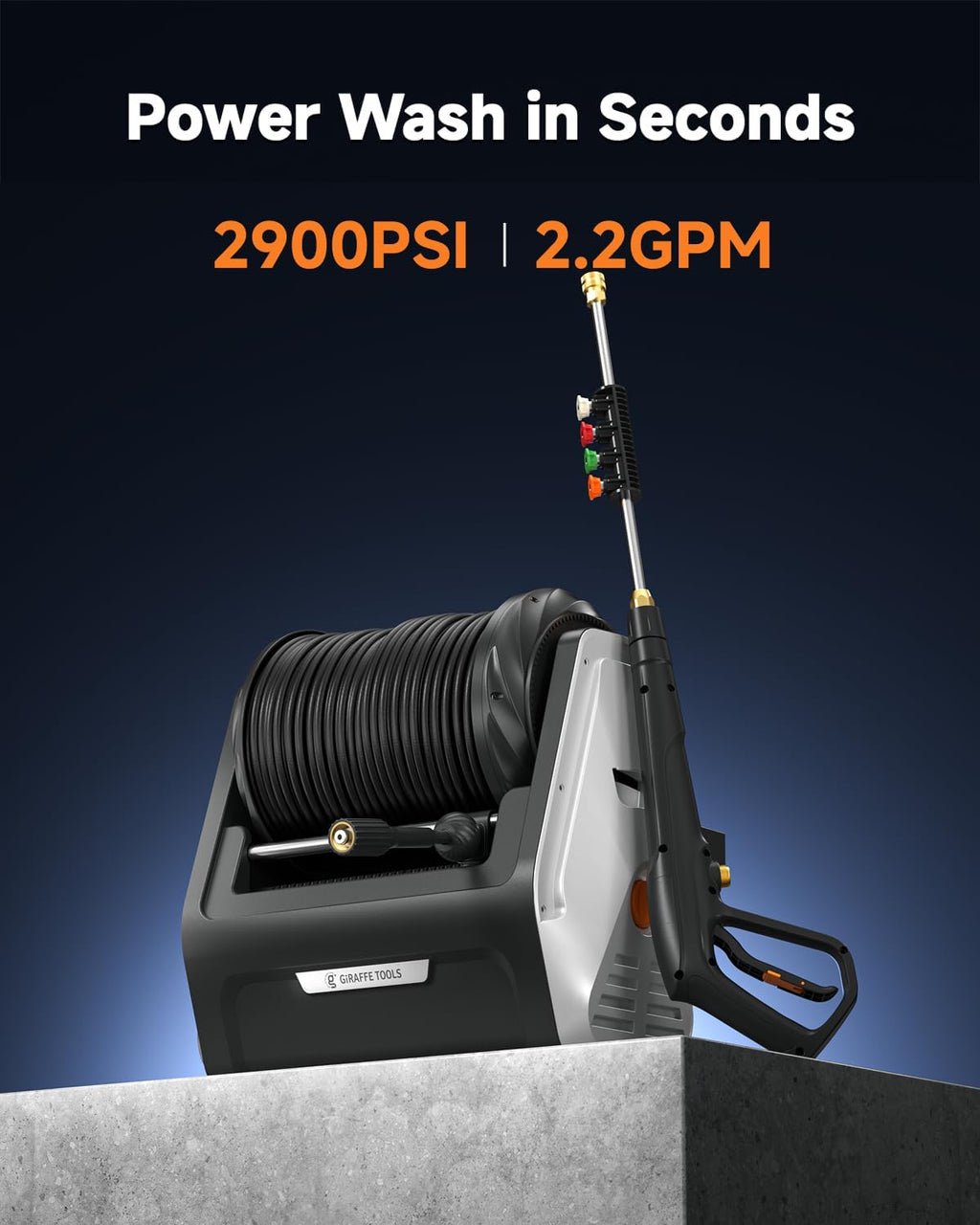 Giraffe Tools Wall Mounted Pressure Washer Essential with Upgraded 1800W Motor  2900 PSI  2.2 GPM Electric Power Washer  Automatic Rewind  100ft Pressure Hoses  5 Nozzles for Floor/Cars/Fences/Patios