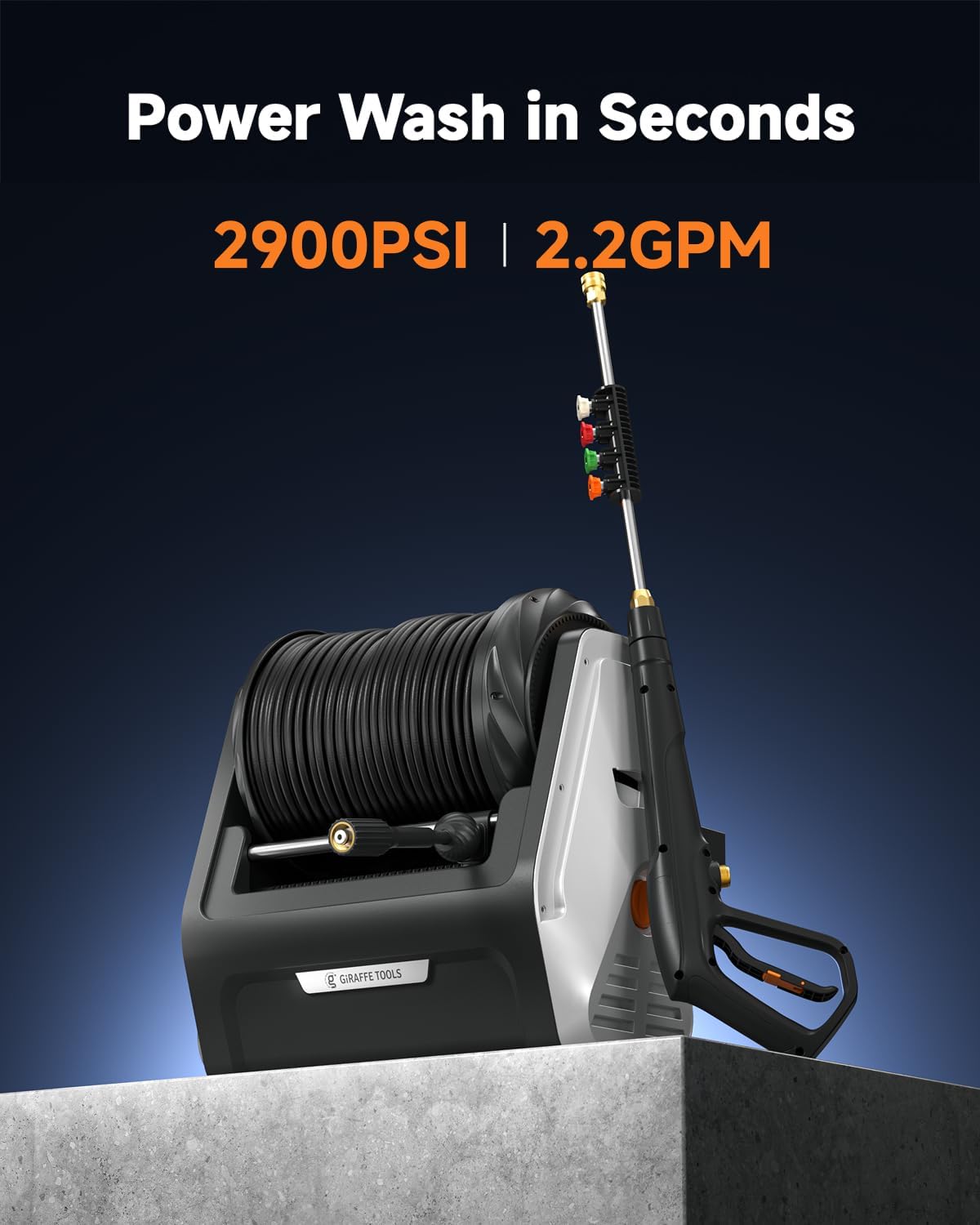 Giraffe Tools Wall Mounted Pressure Washer Essential with Upgraded 1800W Motor  2900 PSI  2.2 GPM Electric Power Washer  Automatic Rewind  100ft Pressure Hoses  5 Nozzles for Floor/Cars/Fences/Patios