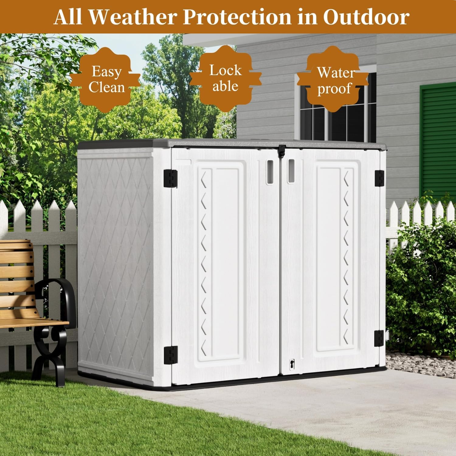 ZZM 4x3FT Heavy-Duty Outdoor Storage Shed | 34 Cu.Ft Waterproof Resin Cabinet with Double-Wall | UV-Resistant & Lockable for Garden Tools  Bikes  Patio Furniture (Wood Grain Texture)