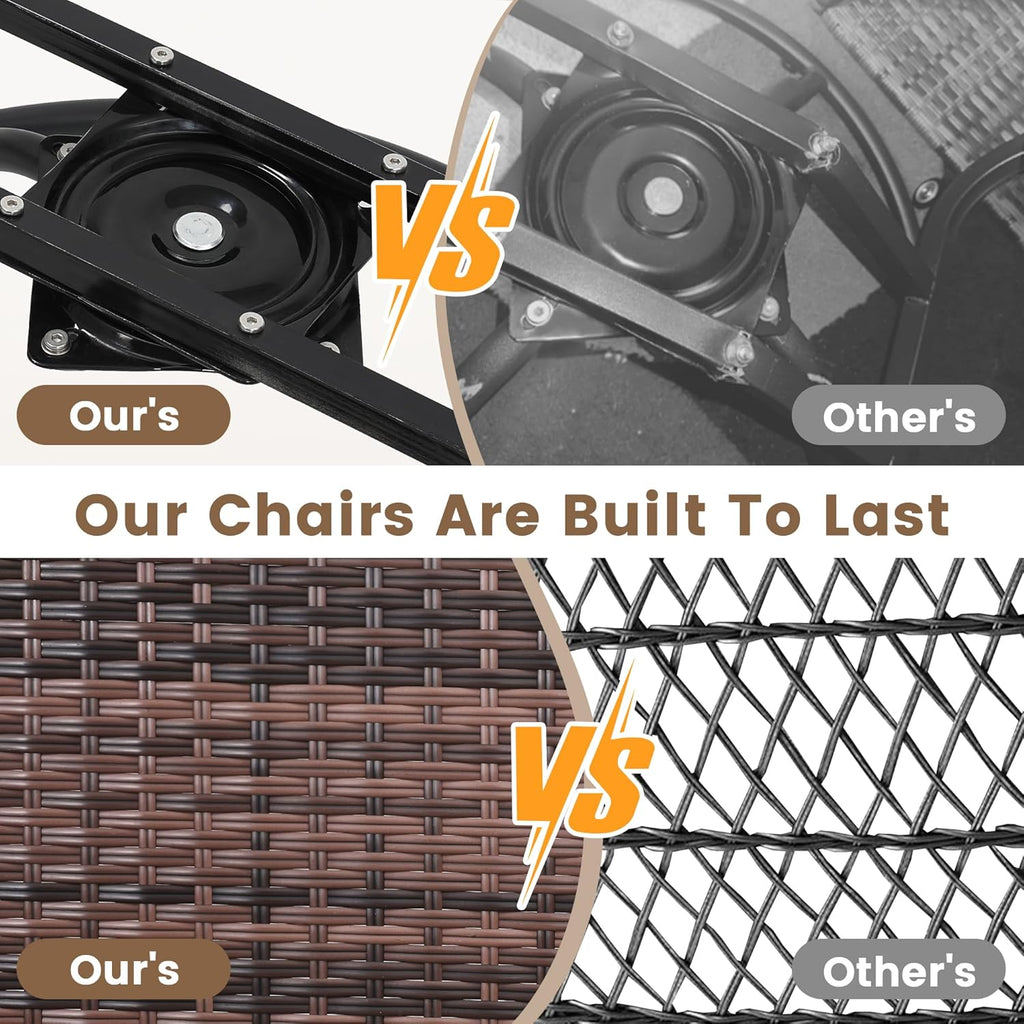 Luxury Outdoor Swivel Wicker Glider Patio Chairs with Table Set  Overstuffed Washable Cushions  Ideal for Porch  Balcony  Deck  Brown Rattan and Beige Cushion