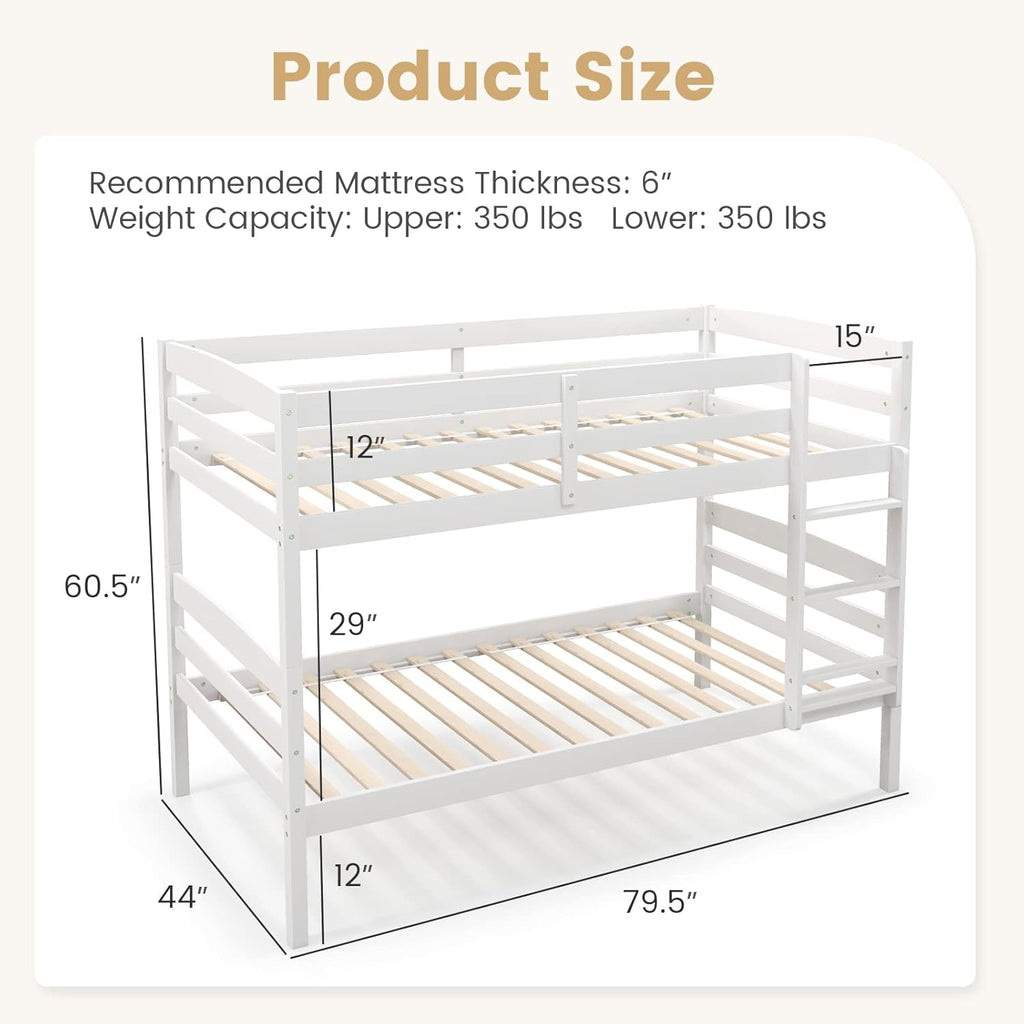 KOMFOTT Bunk Bed Twin Over Twin, Bunk Bed Frame w/Full-Length Guardrail & Integrated Ladder, Wood Bunk Bed for Small Space, Converts to 2 Individual Beds for Kids & Adults, No Box Spring Needed