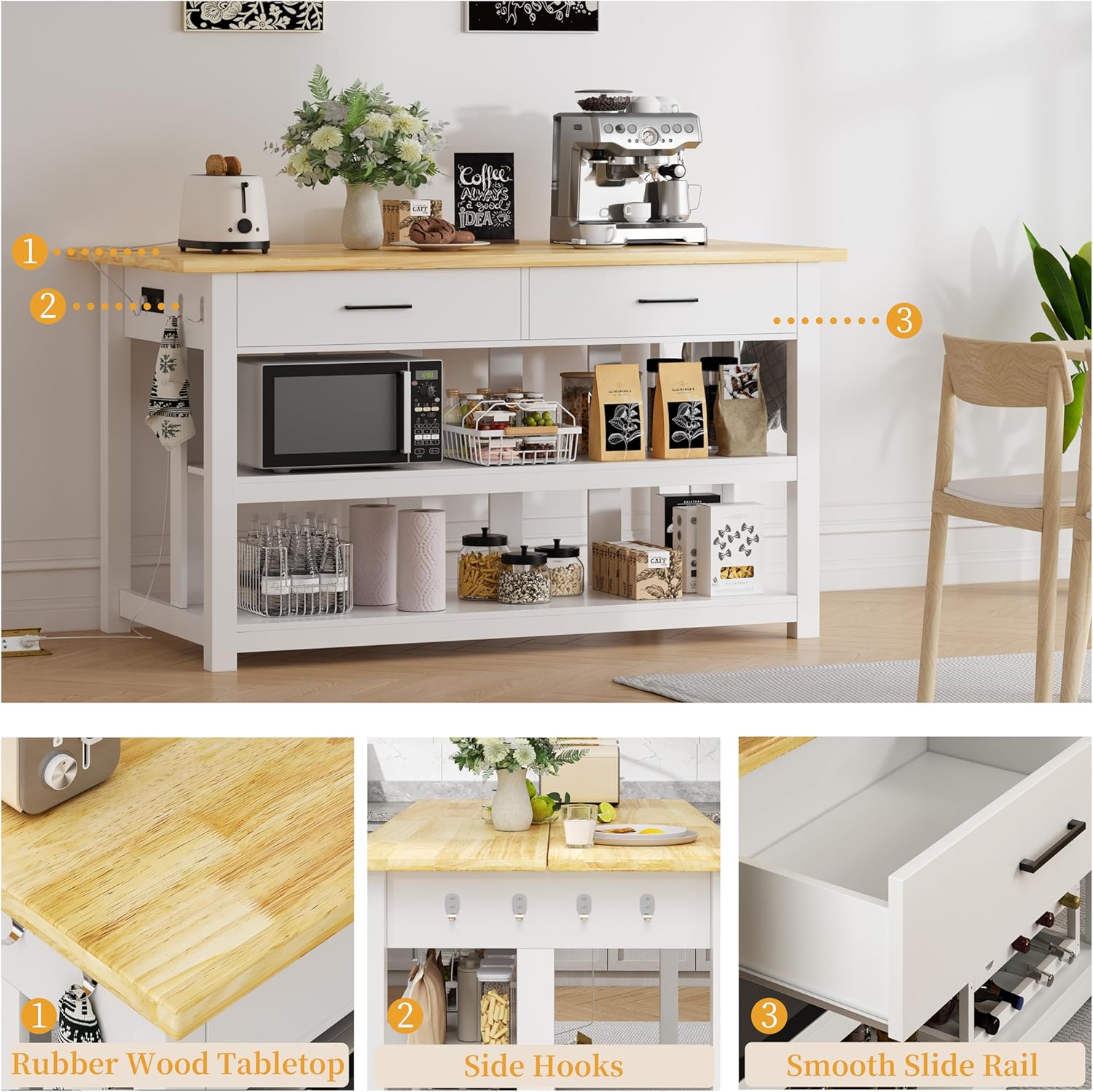 47.3" Solid Rubberwood Kitchen Island with Power Outlets - Extra Large Work Surface, 2 Drawers & Open Shelves Storage Cabinet for Kitchen Dining Room, Farmhouse Style (White)