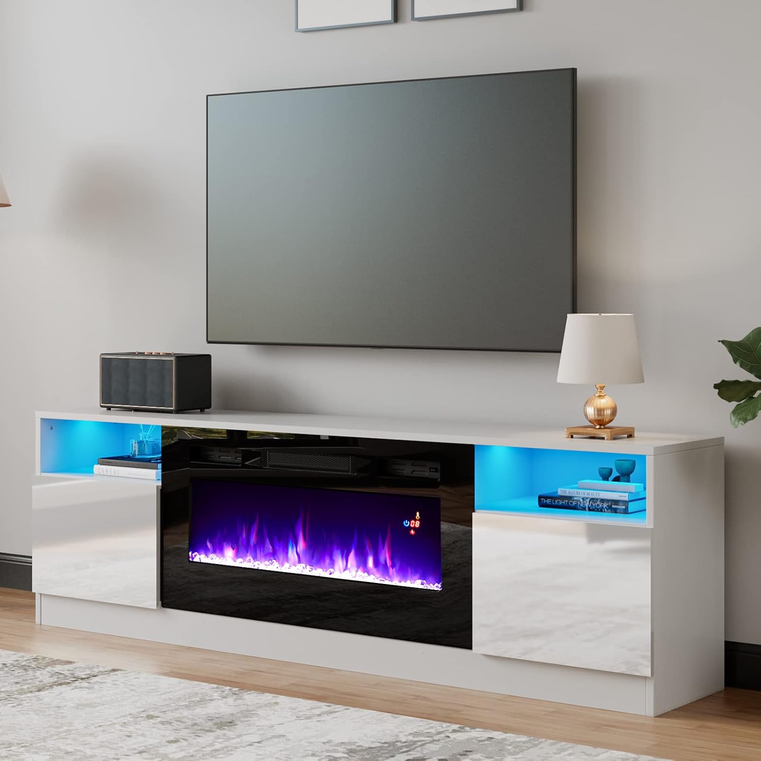 AMERLIFE TV Stand with Fireplace, LED Light Entertainment Center with 36" Electric Fireplace, 70" Modern Wood Entertainment Stand with Highlight Storage Cabinet for TVs up to 80", White & Black