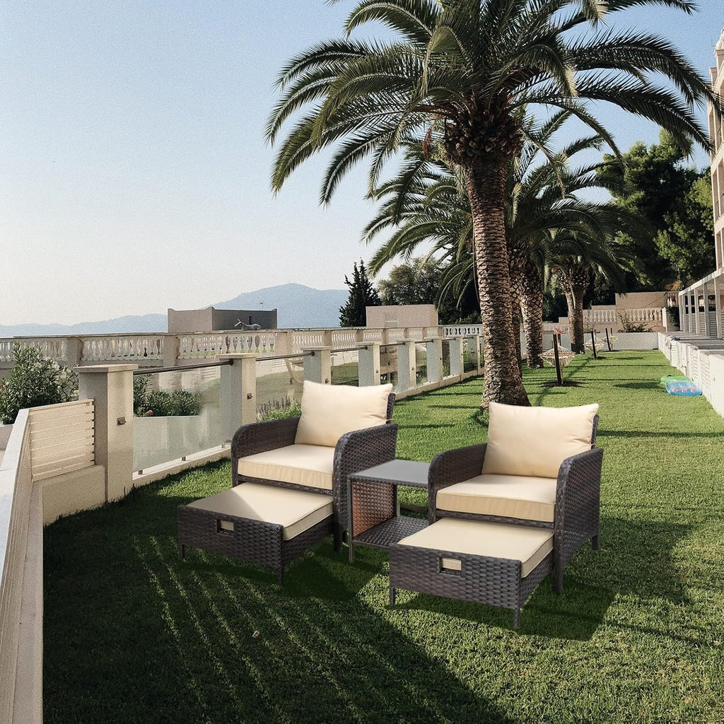 LEVELEVE Balcony Furniture 5 Piece Patio Conversation Set  PE Wicker Rattan Outdoor Lounge Chairs with Soft Cushions 2 Ottoman&Glass Table for Porch  Lawn-Brown Wicker