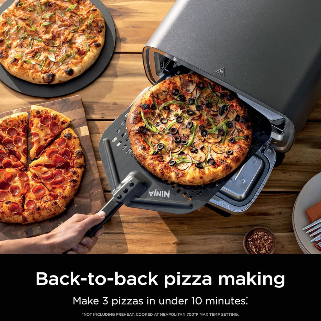 Ninja Artisan Outdoor Pizza Oven  12-inch  3-minute Pizza  Neapolitan  Thin Crust  New York Chicago  Custom  700F Max Temperature  Electric Heat  Bake  Broil  Proof  Warm  MO201