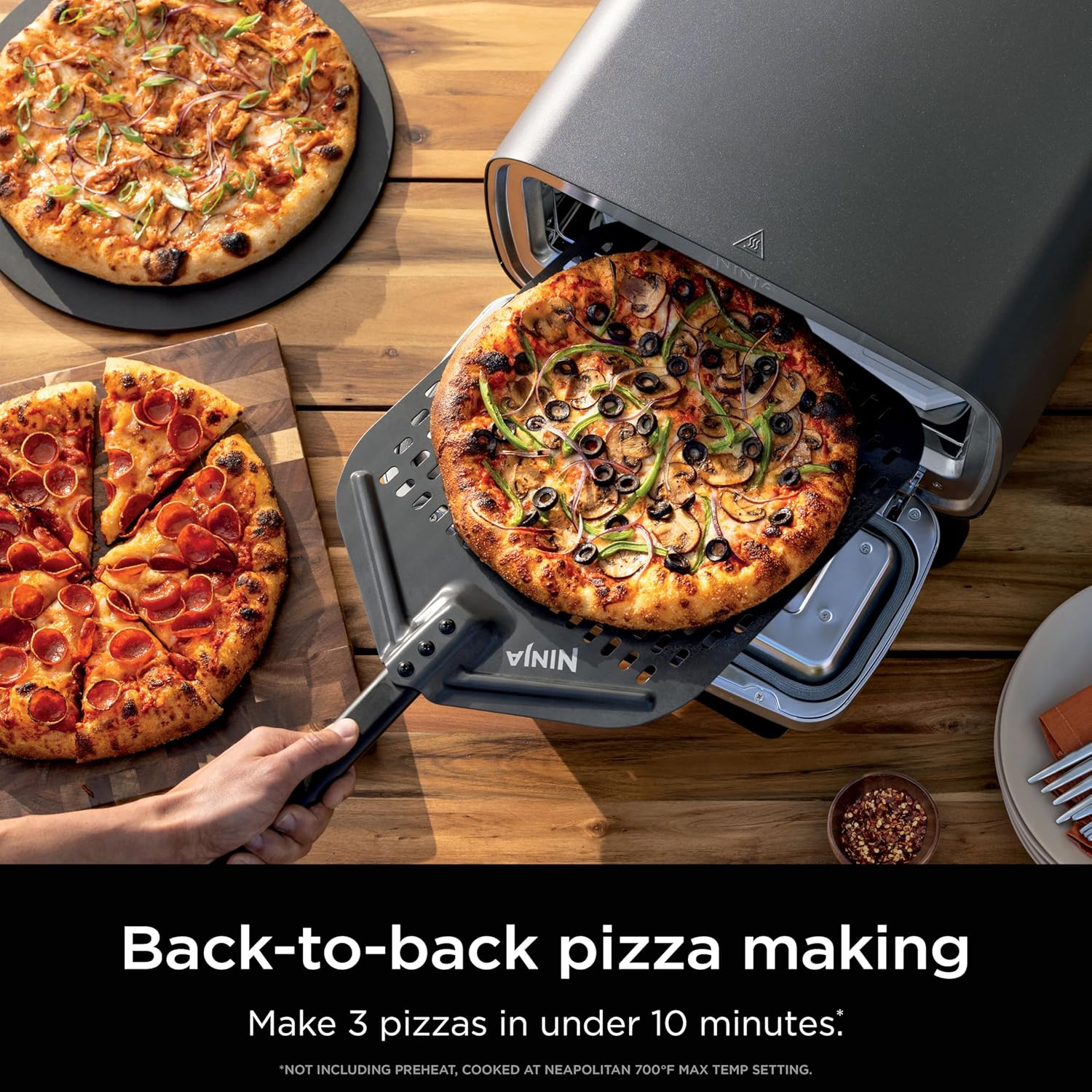 Ninja Artisan Outdoor Pizza Oven  12-inch  3-minute Pizza  Neapolitan  Thin Crust  New York Chicago  Custom  700F Max Temperature  Electric Heat  Bake  Broil  Proof  Warm  MO201