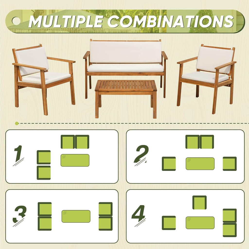 Flamaker Patio Furniture 4 Piece Outdoor Acacia Wood Patio Conversation Sofa Set with Table & Cushions Porch Furniture for Deck  Balcony  Backyard