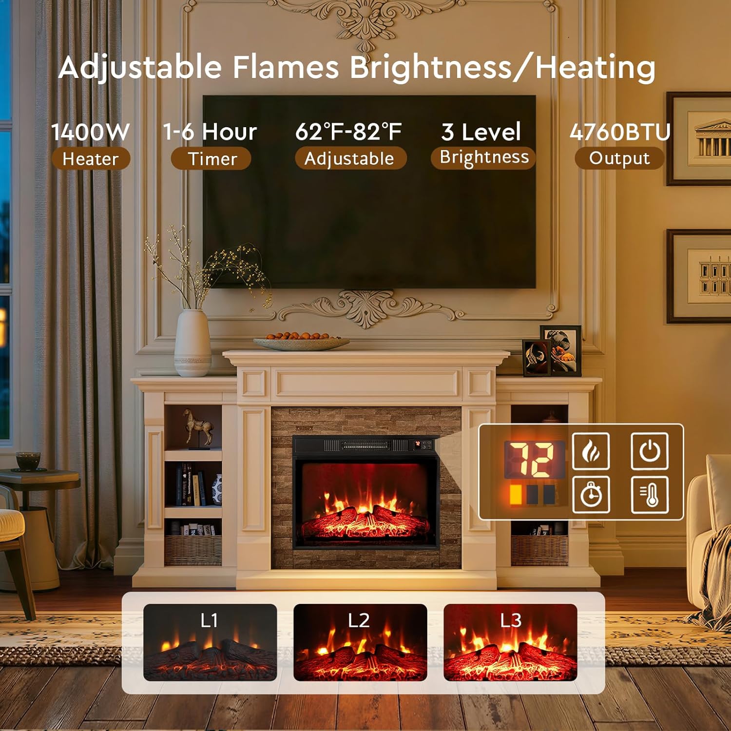 LGHM 72" Electric Fireplace with Mantel, Fireplace TV Stand for TVs Up to 80 Inch, Modern Entertainment Center with Storage, Fireplace Heater Insert with Realistic 3D Flame for Living Room, Bedroom