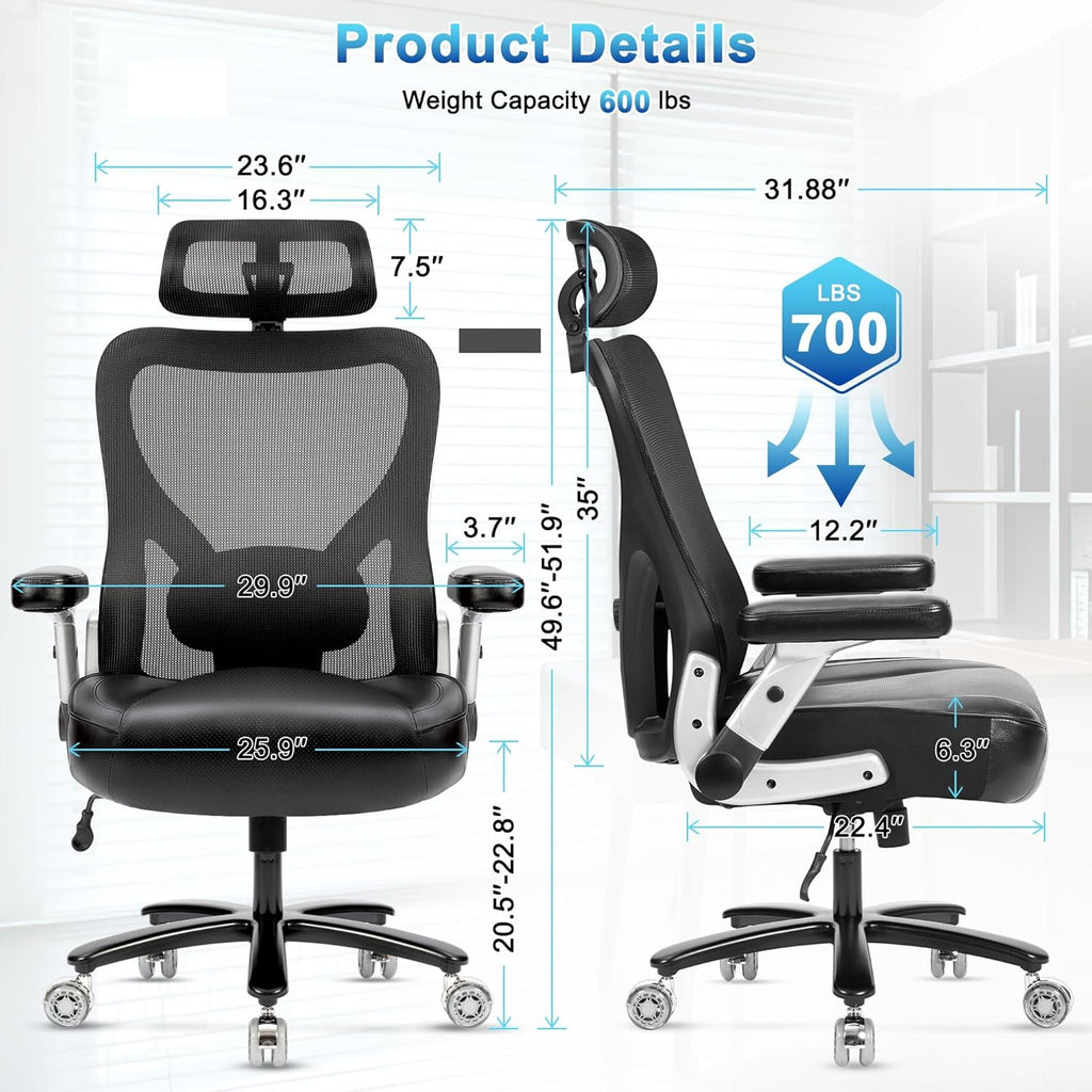 Super Big and Tall Office Chair 700lbs, Heavy Duty Executive Computer Chair with Rubber Wheels 3D Flip Arms, Ergonomic Mesh High Back Desk Chair, Extra Wide Seat Adjustable Lumbar Support and Headrest