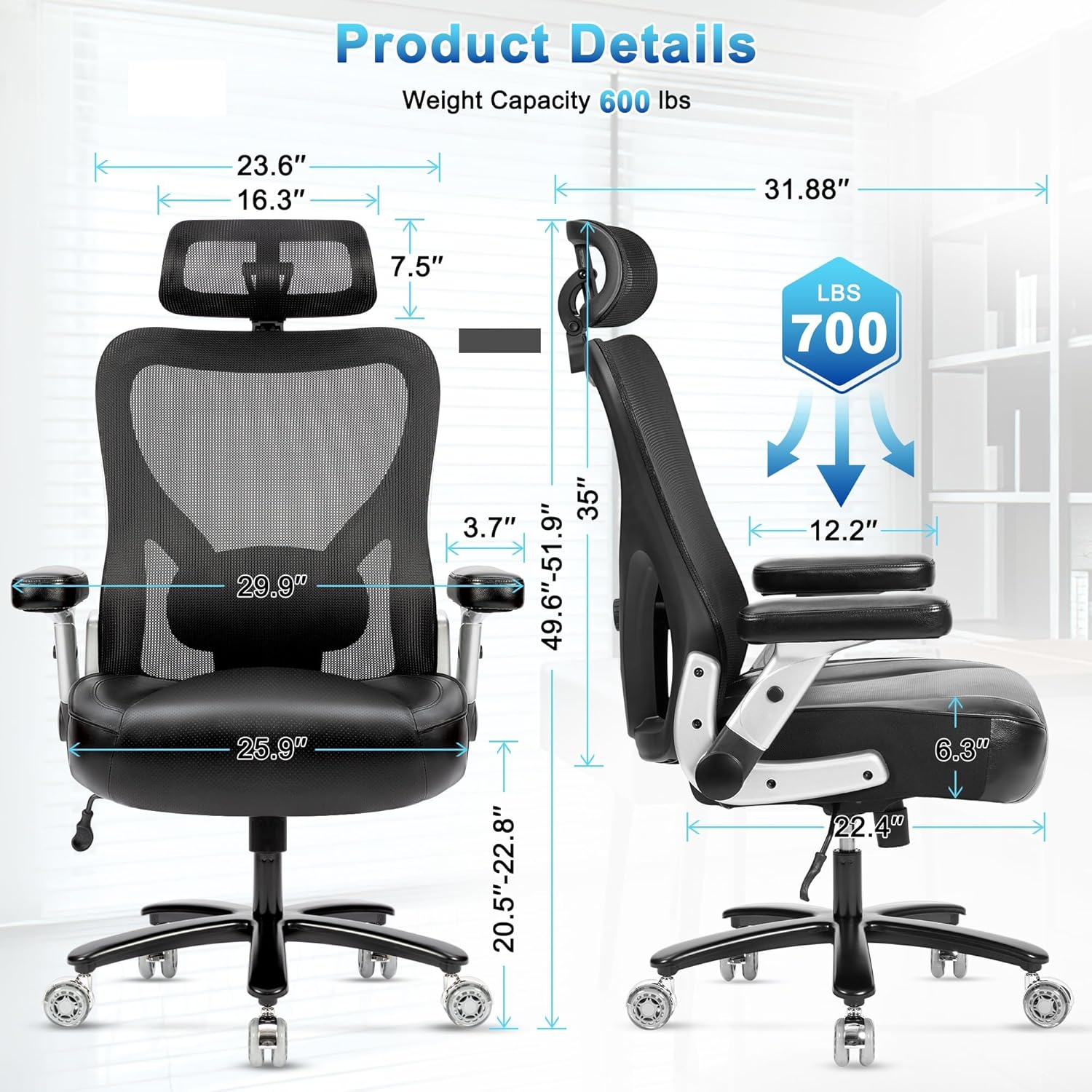 Super Big and Tall Office Chair 700lbs, Heavy Duty Executive Computer Chair with Rubber Wheels 3D Flip Arms, Ergonomic Mesh High Back Desk Chair, Extra Wide Seat Adjustable Lumbar Support and Headrest