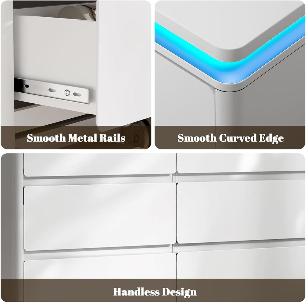 6 Drawer Dresser for Bedroom, 47.2" Long White Chest of Drawers with Charging Station & LED Lights,Curved Profile Design,Double Wooden Closet Storage Cabinet,Modern Dresser TV Stand with Deep Drawers