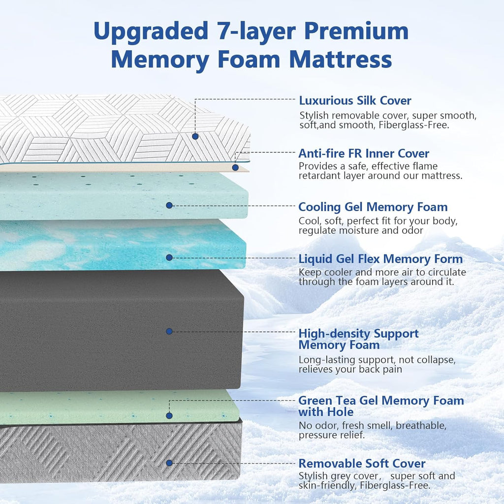 Extra Firm Mattress Queen 12 Inch, Green Tea/Gel Memory Foam Mattress with Fiberglass-Free Cover,Two Side White Medium Firm/Extra Firm High-Density-Mattress for Back Pain,CertiPUR-US,in USA, 80"x 60"