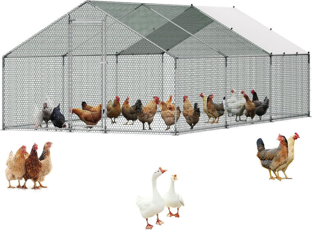 VEVOR Large Metal Chicken Coop  19.7x9.8x6.5ft Walk-in Chicken Runs for Yard with Cover  Spire Roof Hen House with Security Lock for Outdoor and Backyard  Farm  Duck Rabbit Cage Poultry Pen