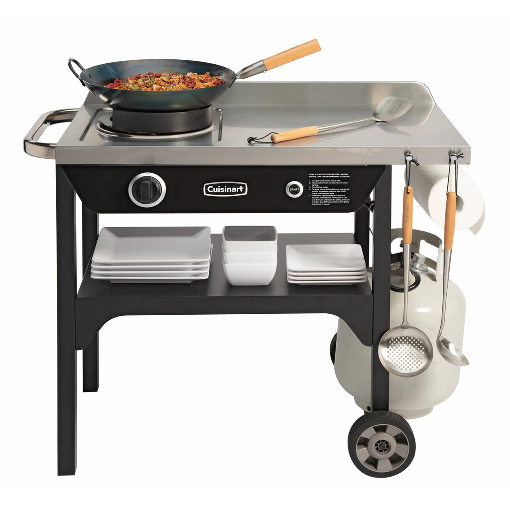 Cuisinart Outdoor Wok Station, 50,000 BTU Propane Outdoor Wok Burner w Prep Table, 14测 Carbon Steel Wok for Stir Fry, Searing, BBQ  Black