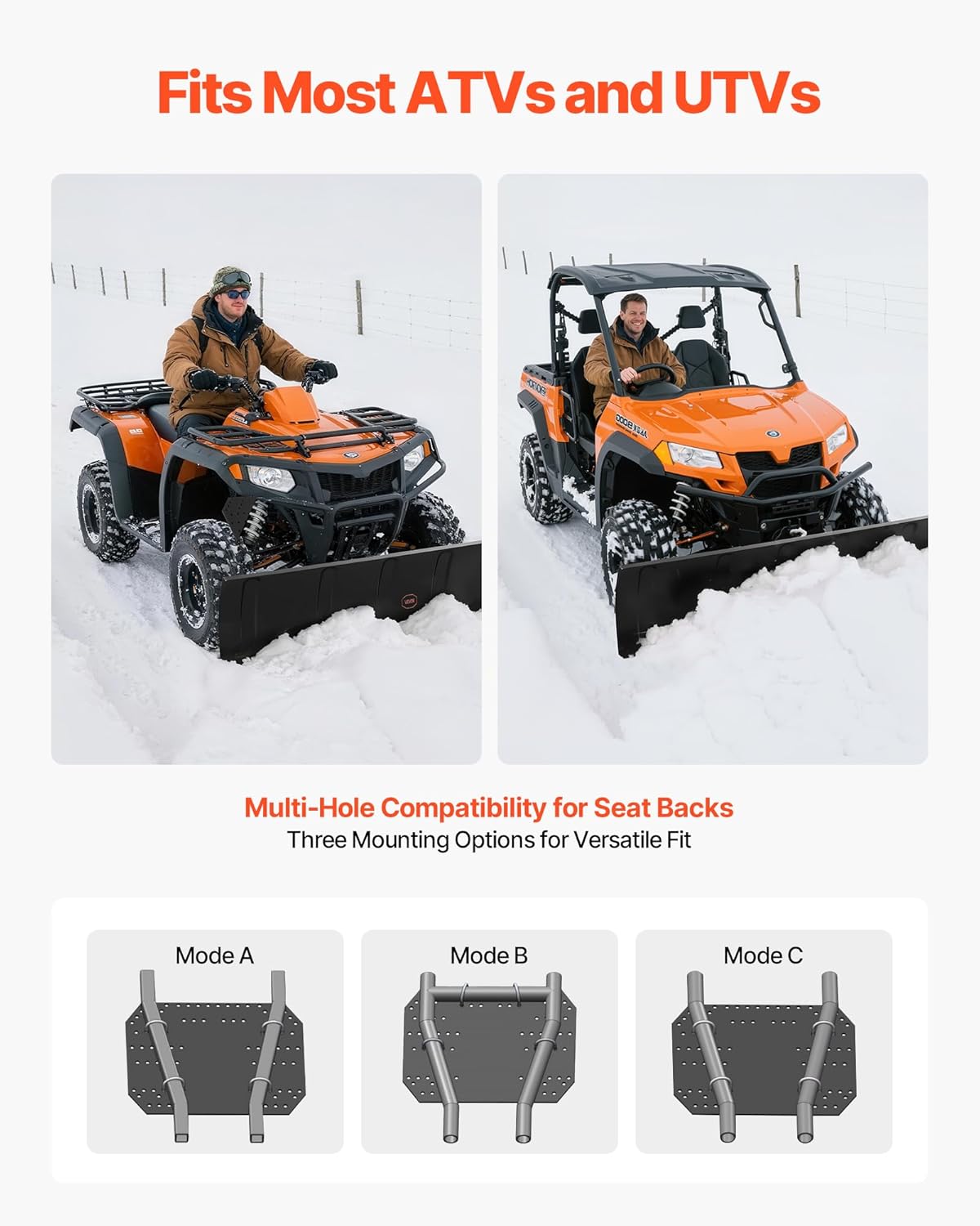 VEVOR Snow Plow Kit  48in Universal Snow Plow Attachment  Height & Left-Right Adjustable  Quick to Detach  Steel ATV Scrape Blade  3 Mount Options  Efficient Snows Clearing  for Most ATVs & UTVs