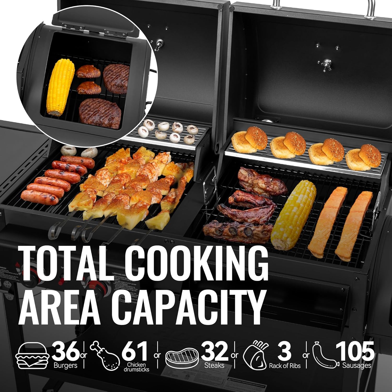 2-Burner Gas and Charcoal Grill Combo with Offset Smoker & Side Burner  34 000 BTU Dual Fuel Grill  1020 Sq. In. Cooking Area  Ideal for Outdoor Cooking  Black  ZH3005Y-SC
