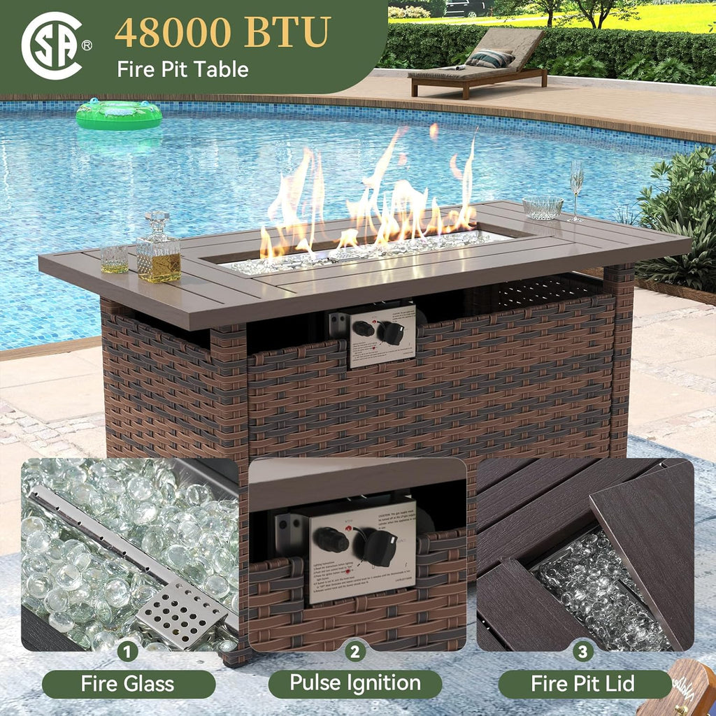 Aoxun 8 Piece Patio Furniture Set with 44” Fire Pit Table Wicker Rattan Outdoor Sectional Sofa Set with Coffee Table and Thickened Cushions  Beige (Waterproof Cover Included)