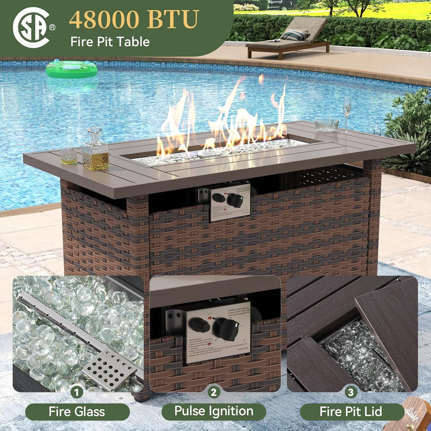 Aoxun 8 Piece Patio Furniture Set with 44” Fire Pit Table Wicker Rattan Outdoor Sectional Sofa Set with Coffee Table and Thickened Cushions  Beige (Waterproof Cover Included)