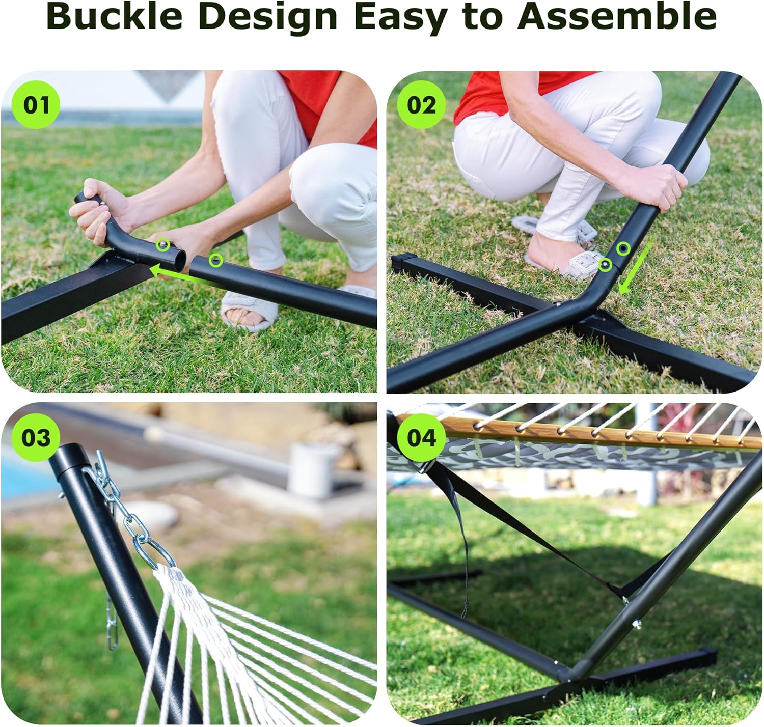 Double Hammock with Stand for Outdoor  Heavy Duty Portable Hammock with Adjustable Steel Stand for Patio  Garden  Beach  Backyard - Includes Carrying Bag White Grey