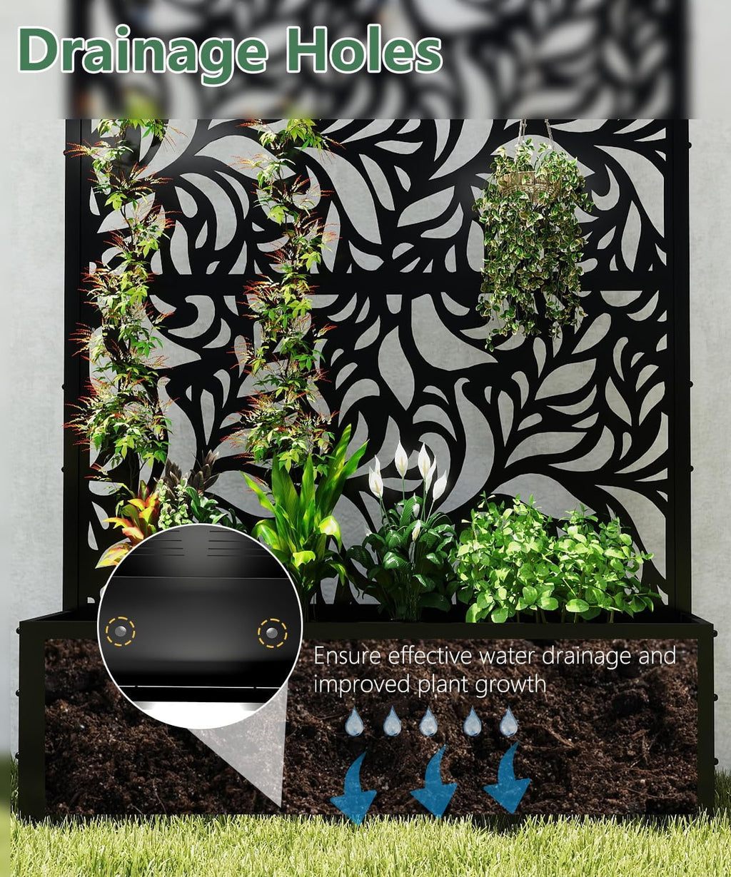 2PCS Metal Planter Box with Trellis 70.9"x47.2"x15.7" Raised Garden Bed with Drainage Holes  Privacy Planters for Outdoor Garden Bed for Climbing Plants Vegetables and Vines  Black-Flower