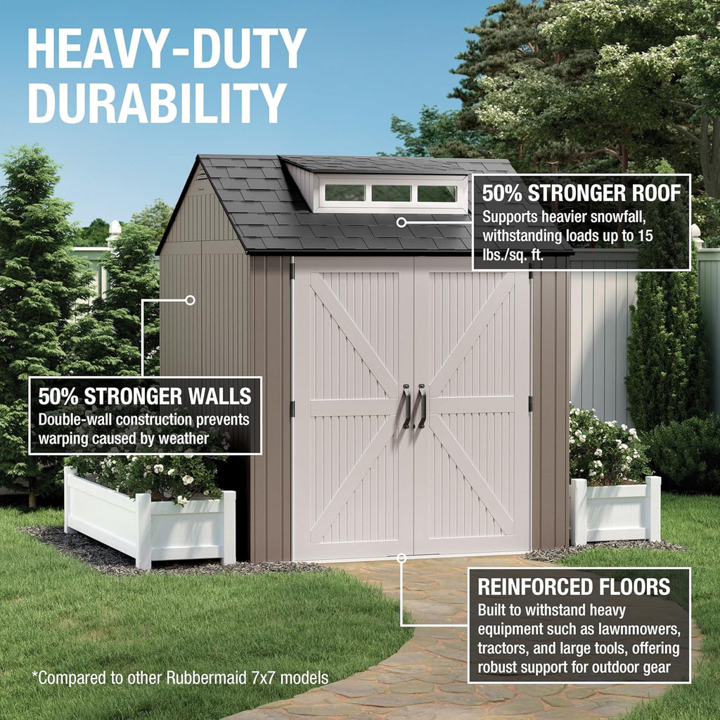 Rubbermaid Large Resin Outdoor Storage Shed With Floor (7 x 7 Ft.)  Weather Resistant  Brown  Organization for Home/Lawn Mower/Backyard Equipment/Bike Storage/Pool Supplies