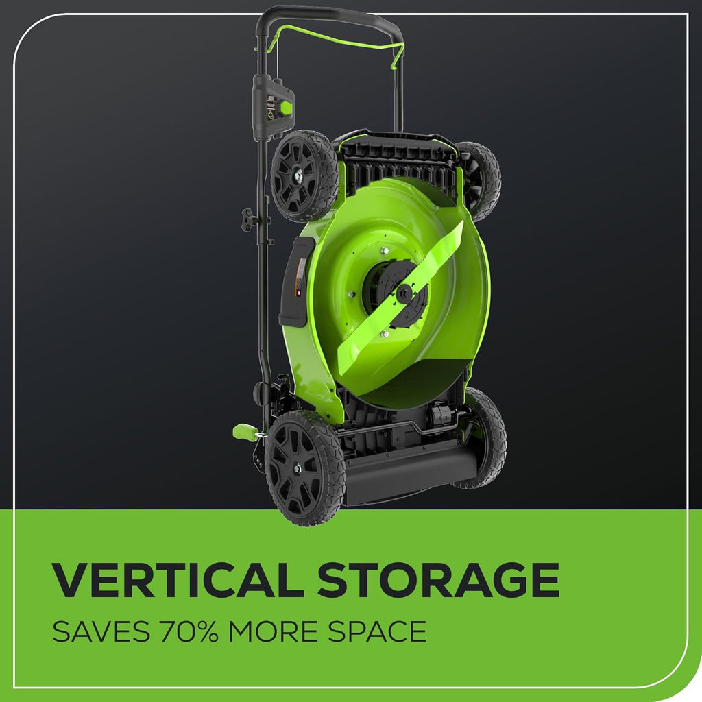 Greenworks 80V 21” Brushless (Push) Cordless Electric Lawn Mower + (500 CFM) Axial Leaf Blower + 13” String Trimmer (75+ Compatible Tools)  (2) 2.0Ah Batteries and 30 Minute Rapid Charger