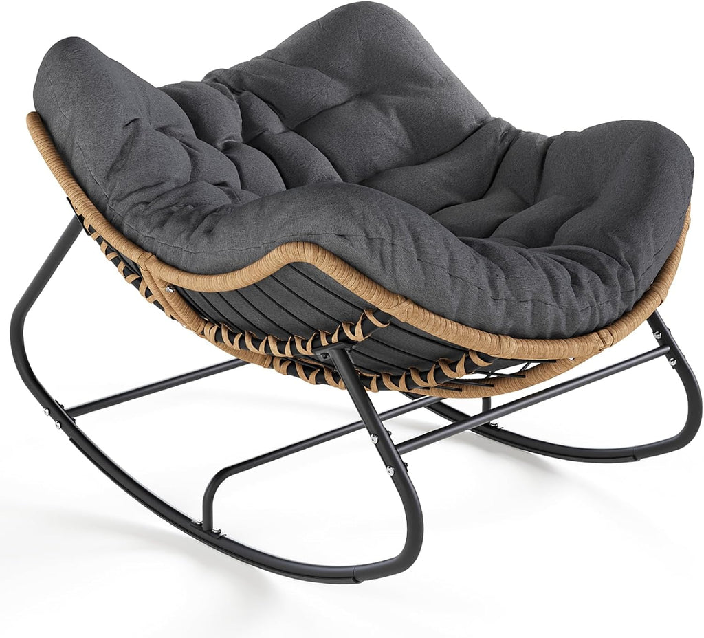 SWITTE Outdoor Rocking Chair  Oversized Patio Papasan Rocker  Comfy Wicker Reading Lounge  Indoor Egg Chair for Bedroom  Living Room  Porch  Garden  Lawn-Dark Grey