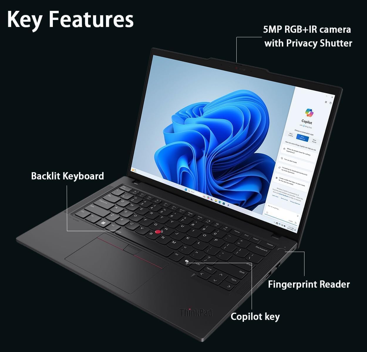 Lenovo ThinkPad T14 Gen 5 AI Business Laptop  14" FHD+ Display  Intel Ultra 7 155U  32GB DDR5 RAM  1TB SSD PCIe  Fingerprint  Backlit Keyboard  WiFi 6E + BT  RJ-45  HD Webcam  Win 11 Pro - Black