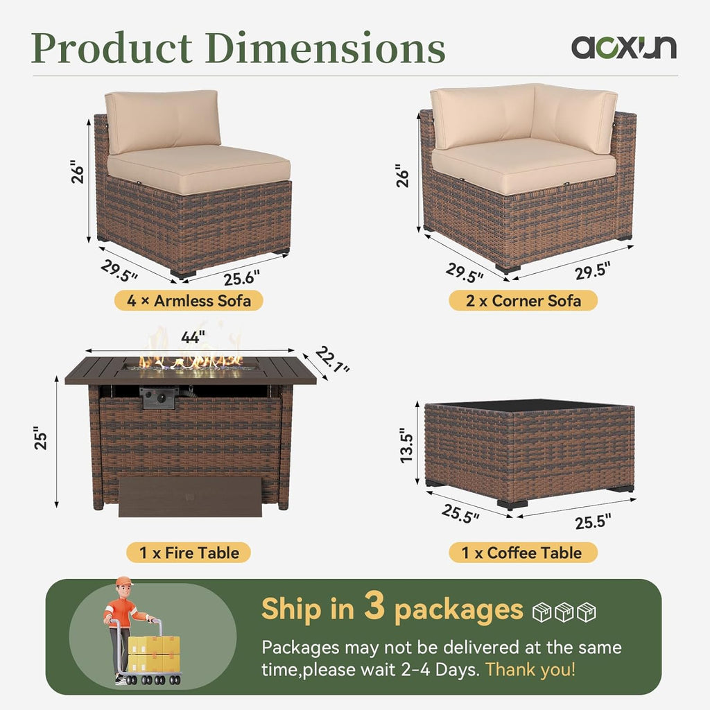 Aoxun 8 Piece Patio Furniture Set with 44” Fire Pit Table Wicker Rattan Outdoor Sectional Sofa Set with Coffee Table and Thickened Cushions  Beige (Waterproof Cover Included)