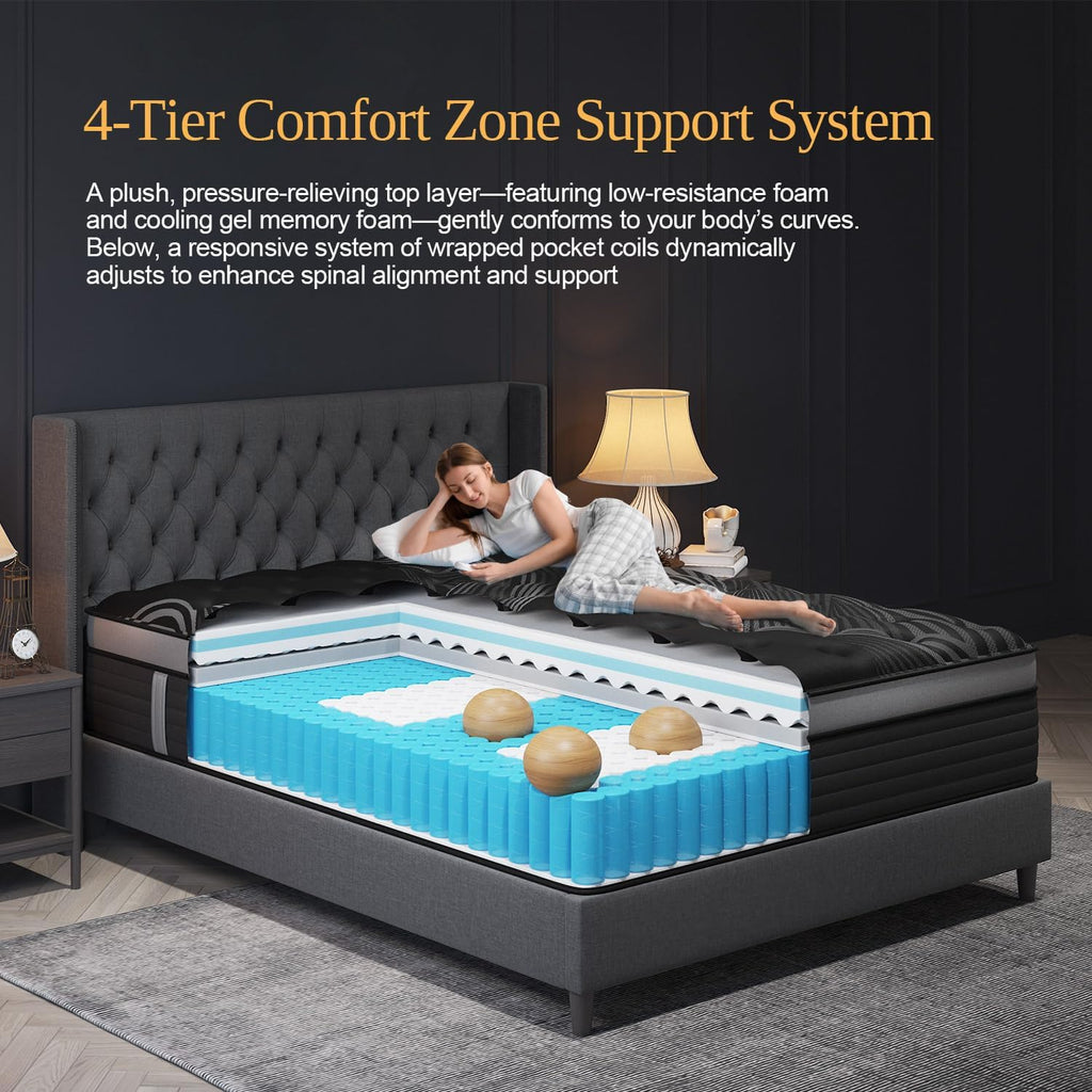 Queen Mattress, 12 Inch Hybrid Mattresses, Medium-Firm Feel with Pocket Springs & Cooling Gel Memory Foam, CertiPUR-US Certified for Enhanced Support, Cooling & Motion Isolation