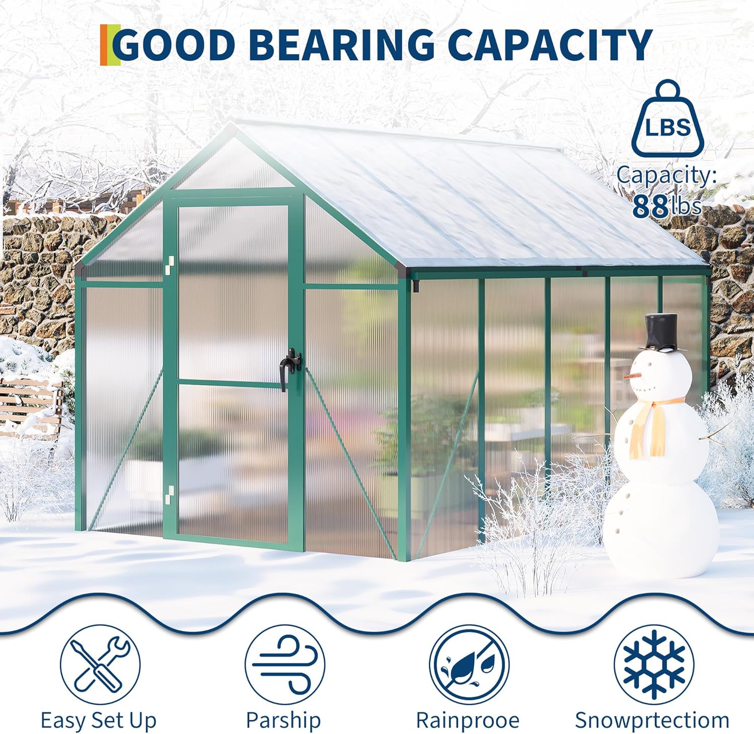 6x10 FT Greenhouse  Easy Assembly Aluminum Polycarbonate Greenhouses for Outdoors with Roof Vent and Ground Nails  Heavy Duty Aluminum Walk-in Greenhouse for Backyard  Sliding Lockable Door  Green