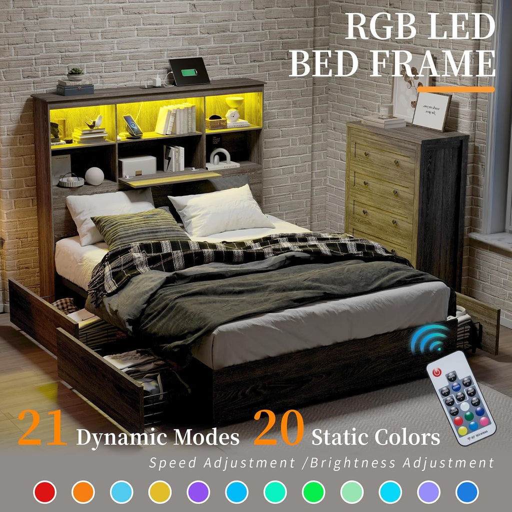 King Size Bed Frame with LED Bookcase Headboard, Wooden Storage Bed with Charging Station & 4 Drawers, No Box Spring Needed/Noise-Free/Rustic Grey