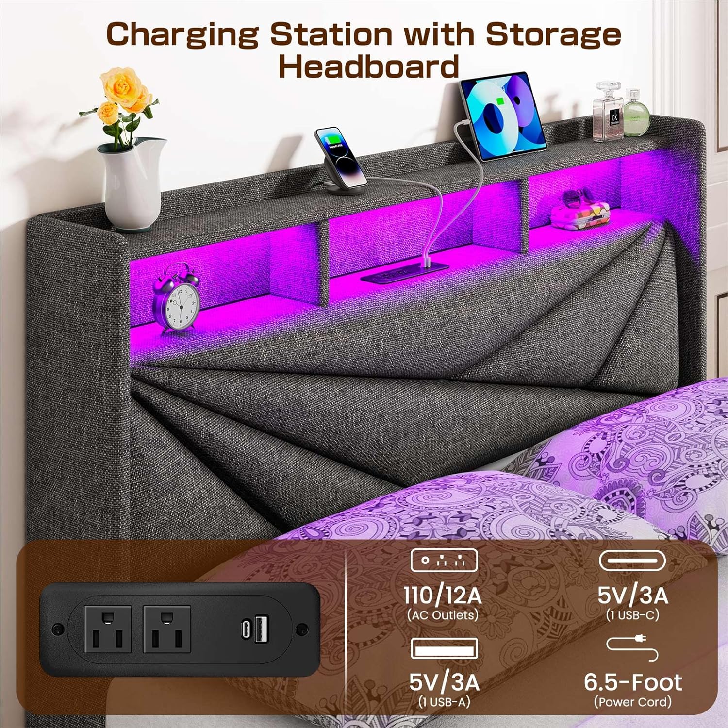 LED Queen Bed Frame with 4 Storage Drawers, Upholstered Bed Frame Queen Size with 2-Tier Headboard and Charging Station, No Box Spring Needed, Easy to Assembly - Dark Grey