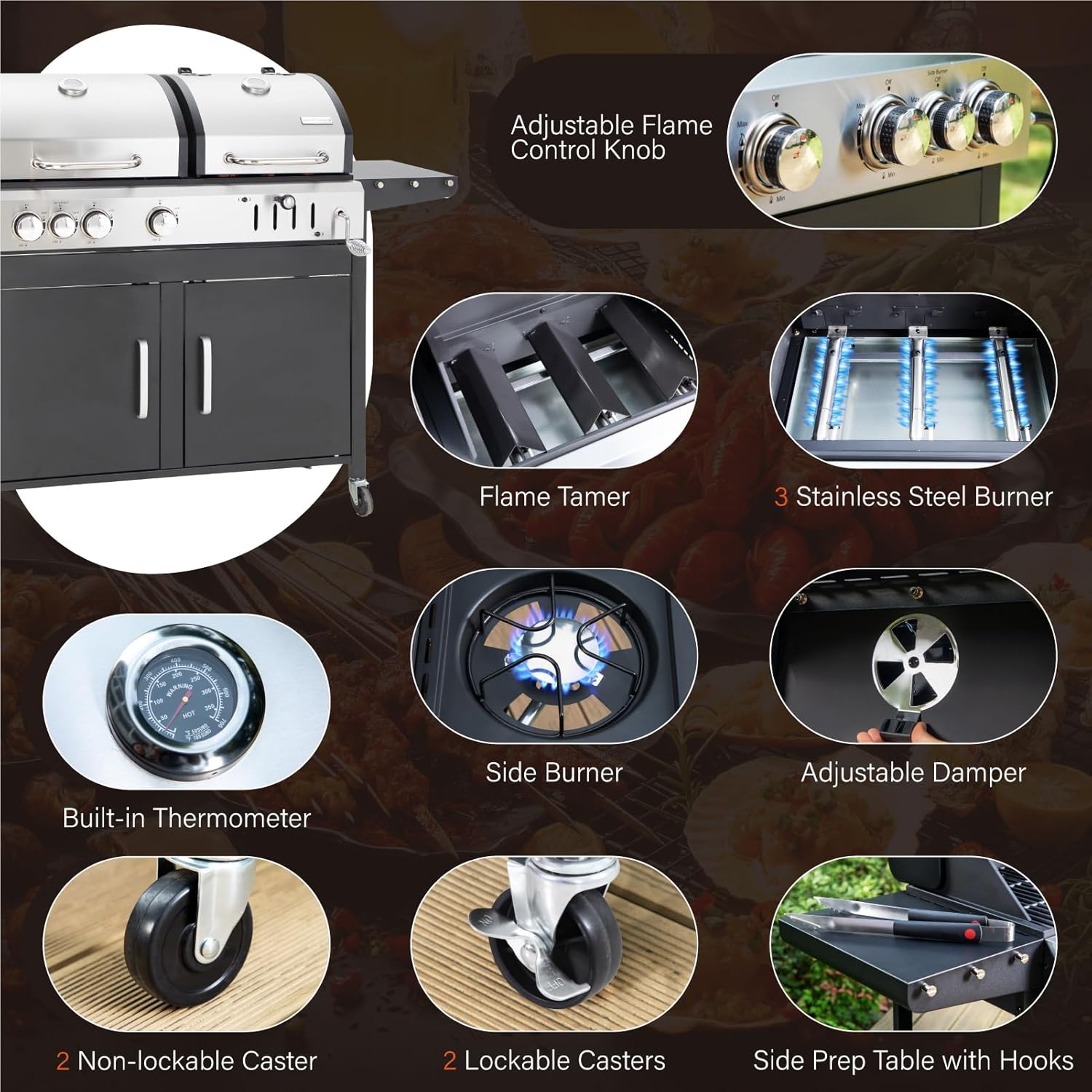 Sophia & William Charcoal and Propane Gas Grill Combo with Side Burner & Porcelain-Enameled Cast Iron Grate  Dual Fuel BBQ Grill for Outdoor  Barbecue Grill  690 SQIN Cooking Area