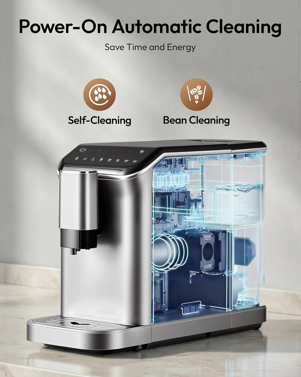 EUHOMY Fully Automatic Espresso Machine, 20 Bar Coffee Maker with Grinder and Integrated Milk Frother, Automatic Espresso Machine with Touch Screen, 15-Grind Settings Coffee Machine for Home, Silver
